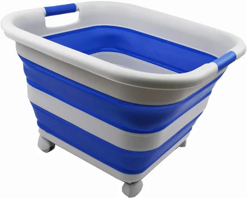 Miniatura 4 de SAMMART Cesta de plástico plegable de 39 L (10.3 galones) con ruedas, contenedor de almacenamiento plegable (1, gris/azul púrpura)