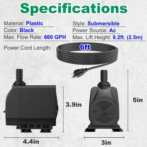 Miniatura 5 de Knifel Bomba de agua sumergible, ultra silenciosa, 660 GPH (2500 L/H 45 W), con protección contra sobrecalentamiento, elevación de 8.2 pies de alto