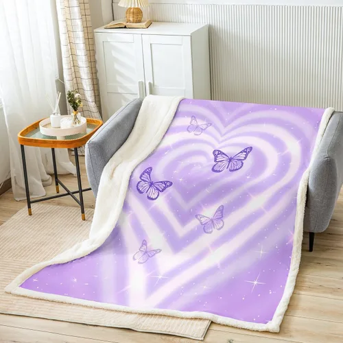 Manfei Manta con corazones de lavanda para niños, manta de cama de mariposa morada para niños, niñas, adolescentes, decoración de habitación, manta