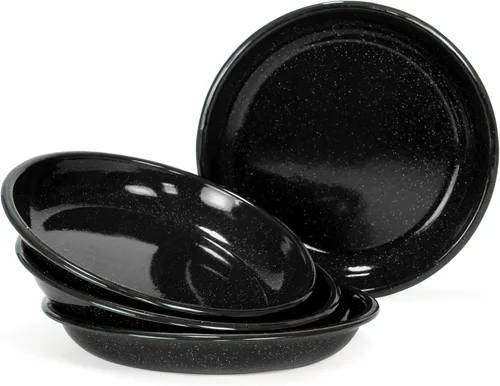 Red Co. Juego de 4 platos redondos de metal esmaltado de 10 pulgadas, borde negro y negro moteado blanco