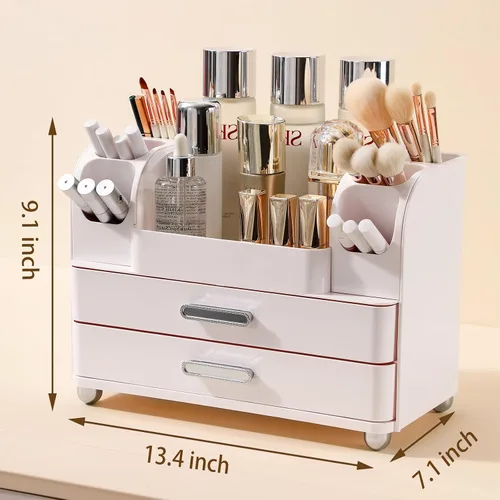 Miniatura 4 de Organizador de maquillaje Anyoifax para encimera con cajones grandes, organizador de tocador con soporte para brochas, almacenamiento