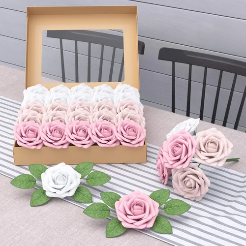 Miniatura 3 de Rosas artificiales realistas, 25 piezas de rosas falsas de aspecto real con tallo para ramos de boda, centros de mesa, despedidas de soltera