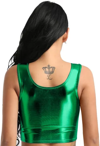 Miniatura 4 de iiniim Fashion - Camiseta sin mangas de cuero brillante metálico sin mangas con cuello redondo para mujer, chaleco de fiesta y club, Metálico