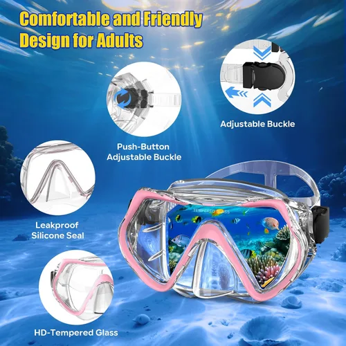 Miniatura 2 de Dry Snorkel Set,Panoramic Wide View Anti-Fog Scuba Diving Mask,Professional Snorkeling Gear for Adults Rosa