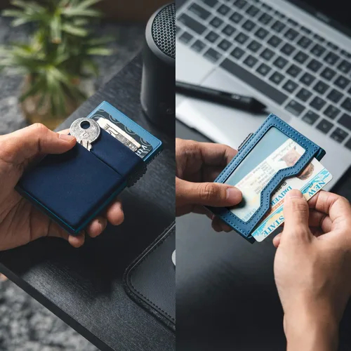 Miniatura 8 de VULKIT Billetera minimalista con ventana de identificación y bolsillo EDC con bolsillo desplegable para tarjetas de crédito y bloqueo RFID, diseño