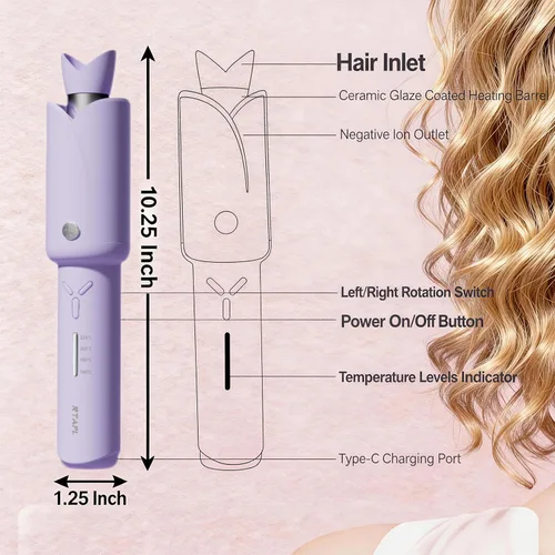 Miniatura 4 de Rizador inalámbrico con temperatura ajustable, rizador de pelo portátil recargable, bonito diseño de orejas de conejo, herramienta de peinado