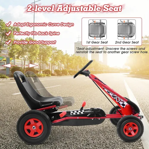 Miniatura 4 de HONEY JOY Go Kart para niños, 4 ruedas con pedal todoterreno cuádruple a pie con volantes y asiento ajustable, 2 frenos de seguridad, neumáticos Rojo