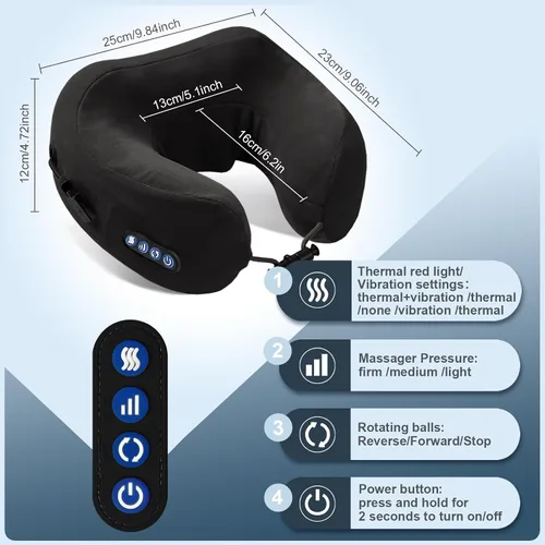 Miniatura 2 de Masajeador eléctrico de cuello, almohada de masaje con amasado calefactado portátil, masajeador Shiatsu recargable en forma de U para hombro