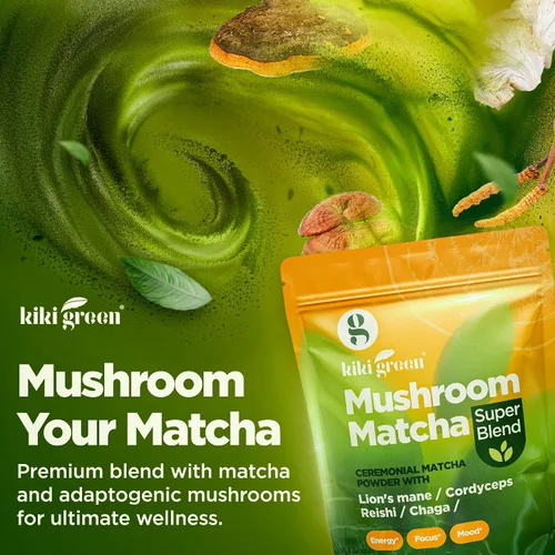 Miniatura 5 de KIKI Green Mushroom Matcha Powder Super Blend 4 oz – Alternativa de café de hongos para una mejor energía, concentración e inmunidad – con melena
