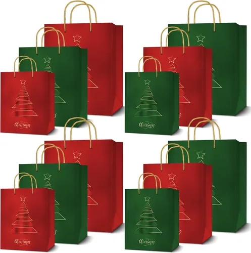 easykart labels 12 bolsas de regalo de Navidad, rojo y verde metálico y acabado de textura con árbol de Navidad dorado y brillante, varios tamaños
