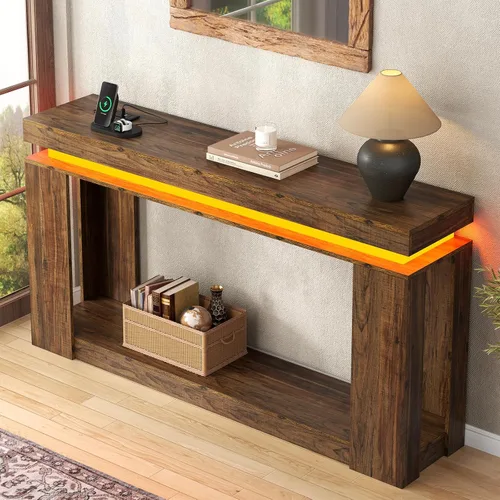 Miniatura 6 de Loomie - Mesa de consola larga de 63" con luces LED y toma de corriente, mesa de sofá de estilo granja de 2 niveles detrás del sofá