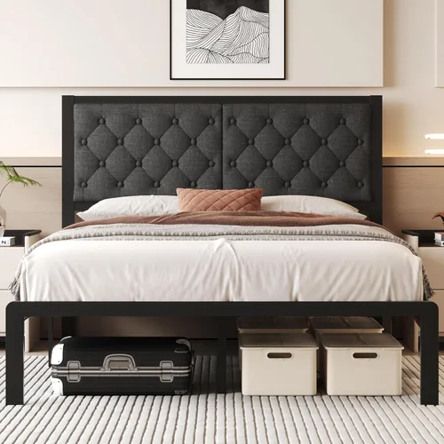 Miniatura 11 de Fluest Base de cama individual con cabecero, tapizada en cuero PU, marco de plataforma con soporte de listones metálicos, con espacio de Negro
