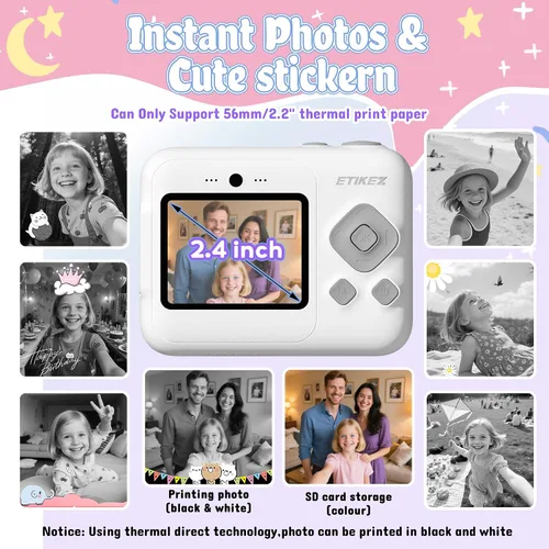 Miniatura 3 de Cámara para niños, cámara de impresión digital instantánea de 1080P para niños, regalos de Navidad y cumpleaños para niñas y niños de 4, 5, 6, 7, 8