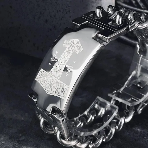 Miniatura 3 de Bahamut - Pulsera de eslabones de cadena cubana de acero inoxidable para hombre, viking Odin Gungnir para hombre, joyería nórdica, L, Acero