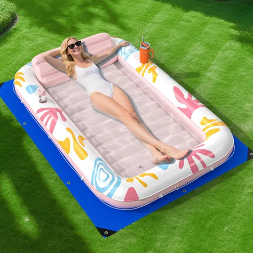 Miniatura 14 de Flotador inflable de bronceado para piscina con lona de protección, flotadores de piscina de 85 x 57 pulgadas para adultos con almohada, flotador