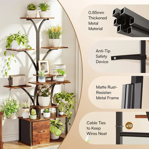 Miniatura 4 de Soporte para plantas de interior de 63 pulgadas con luces de crecimiento, estante de plantas de 10 niveles con cajón, soportes de esquina