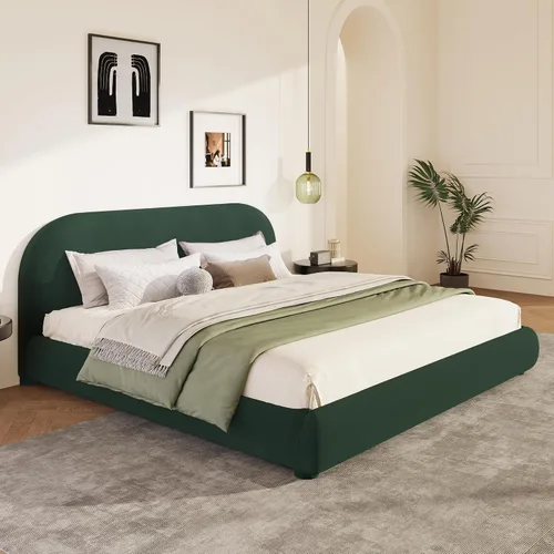 Miniatura 16 de Cama de Plataforma Tapizada con Forma Curva con Cabecera de Forma Curva, Marco de Cama de Madera Tamaño Full para Dormitorio de Niños y Adultos