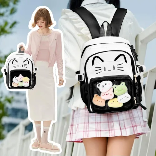 Miniatura 2 de Bolsa Kawaii Cat Ita, bolso con pines, bolsa con inserto, para uso diario y cosplay, nailon, Negro-blanco, Pequeño, Kawaii