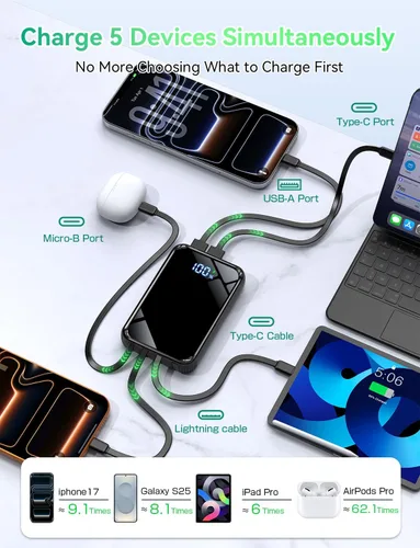 Miniatura 5 de Cargador portátil de 50000 mAh, cargador portátil de carga rápida de 22.5 W con cables integrados, paquete de batería externa de 4 salidas, pantalla