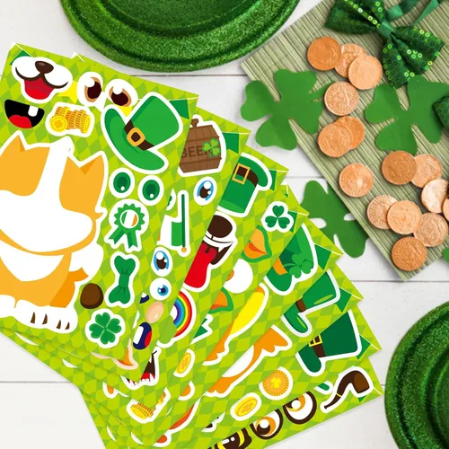Miniatura 4 de 24 hojas de calcomanías del Día de San Patricio Combina y crea una cara Calcomanías de animales Suministros de recuerdos de fiesta del Día de San