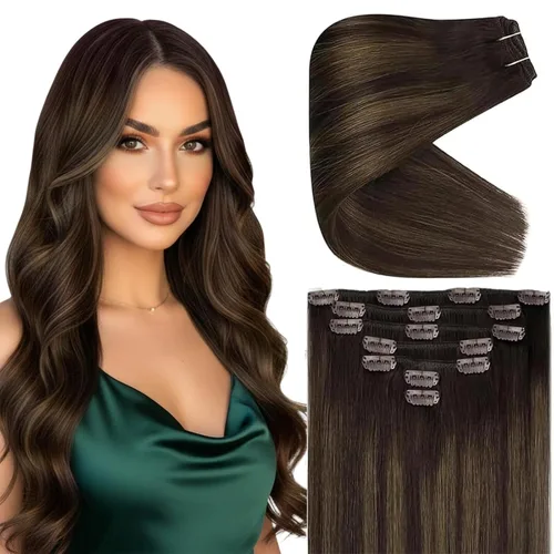 Miniatura 63 de Ve Sunny Extensiones de cabello clip-in de cabello humano real con reflejos, extensiones de cabello con clip para cabello corto, marrón oscuro