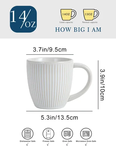 Miniatura 3 de Juego de 4 tazas de café blancas de 14 onzas, tazas de café de cerámica de granja, tazas texturizadas artesanales para oficina en casa, aptas