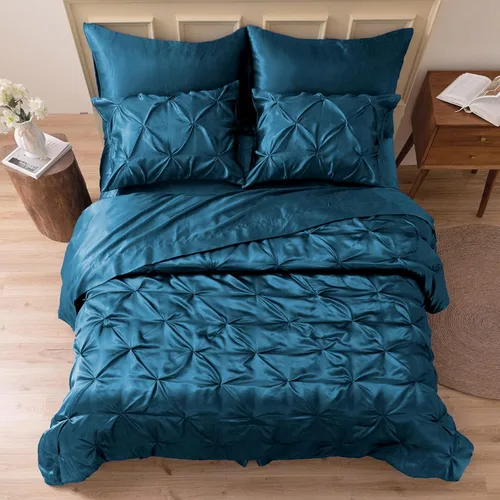 Miniatura 19 de MR&HM Juego de ropa de cama con edredón satinado King de 7 piezas - Juego de cama lujoso con pliegues, con edredón, sábana plana, sábana ajustada