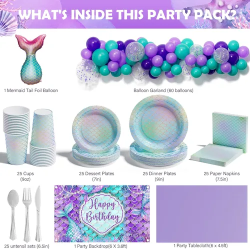 Miniatura 2 de Decoraciones de cumpleaños de sirena: 242 piezas de suministros para fiesta de Girs y juego de vajilla desechable (25 invitados), incluye platos