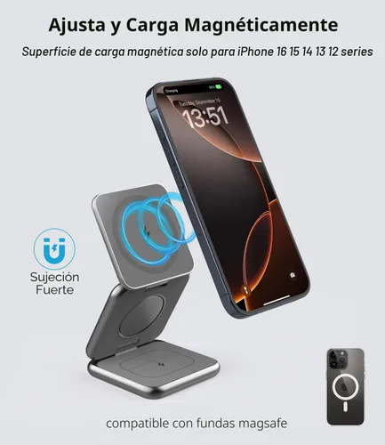 Miniatura 3 de Cargador inalámbrico magnético plegable, estación de carga 3 en 1 de aleación de aluminio KU XIU X40 para Apple, soporte de cargador magnético Gris