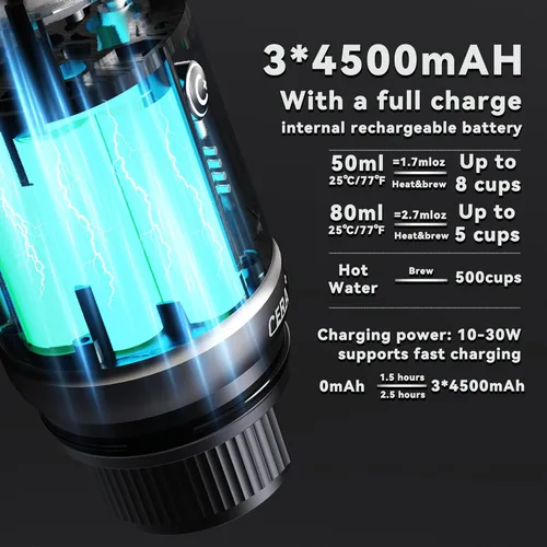 Miniatura 3 de Máquina de café espresso portátil CERA+ con autocalentamiento, hasta 8 tazas por carga y 20 bares, 3 * 4500mAh, CERApresso funciona con cápsulas NS