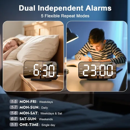 Miniatura 2 de Reloj despertador digital delgado ALANAS para dormitorios, alarmas duales con repetición, superficie de espejo, atenuador de 4 niveles y 2 puertos