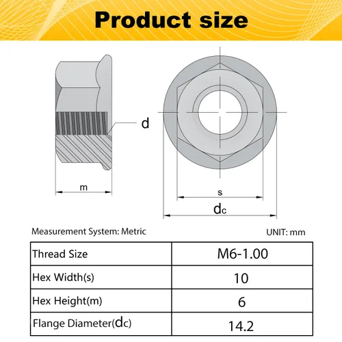 Miniatura 2 de Paquete de 55 tuercas hexagonales de brida dentada M6, tuercas de brida hexagonales M6-1mm, acero inoxidable 304, sujetadores de tuercas métricas