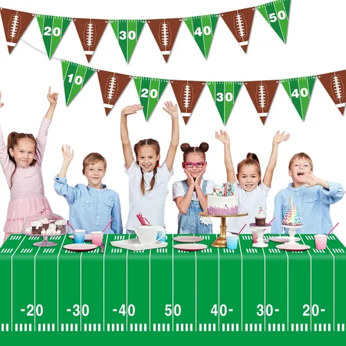 Miniatura 5 de Qyeahkj Suministros para fiestas de fútbol, juego de mantel de rugby, juego de pancartas para mesa de campo de fútbol, incluye banderín de papel