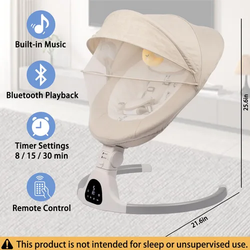 Miniatura 4 de Columpio eléctrico para bebés, columpio ajustable de 5 velocidades con música Bluetooth, temporizador, arnés de 5 puntos y base estable para uso