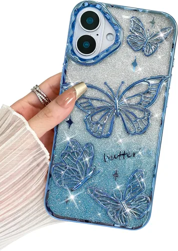 Miniatura 42 de BITOBE Diseñada para iPhone 15 Pro Max, bonita funda de mariposa 3D chapada en purpurina delgada para mujeres y niñas, protección de cámara, Negro