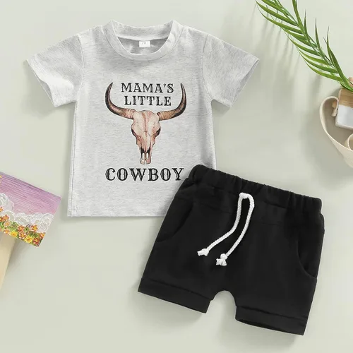 Miniatura 2 de Conjunto de camiseta de manga corta con estampado de vaca para bebé, pantalones cortos sólidos, ropa de verano