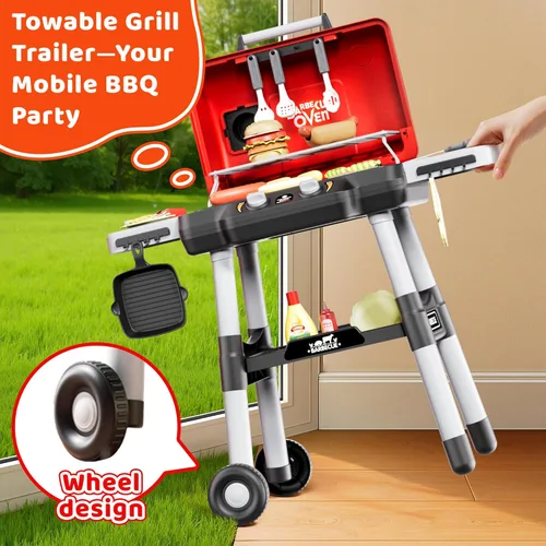 Miniatura 5 de Juguetes de cocina para niños, juego de parrilla BBQ para niños, juguete de barbacoa de 2 niveles con ruedas, sonido de humo y luz, juego