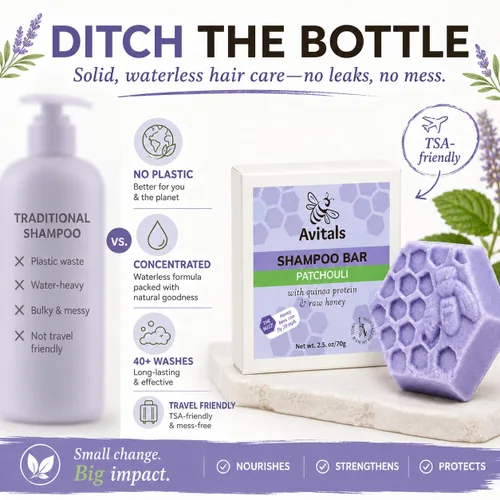 Miniatura 6 de Avital's Apiaries Barra de champú de pachulí para cabello seco y teñido sin sulfato sólido con proteína de quinua, pantenol y manteca de karité
