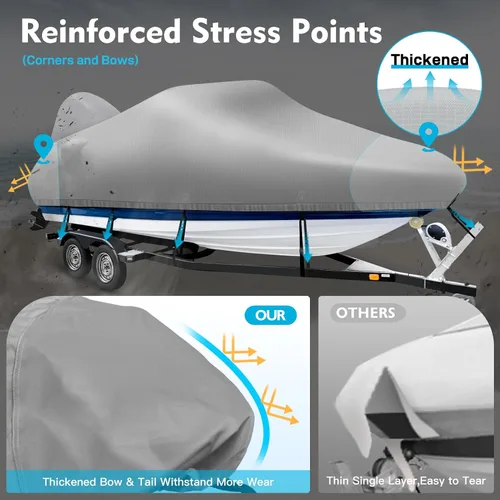 Miniatura 4 de Funda Impermeable 1200D para Barco con Cubierta para Motor, Lona Marina Teñida en Solución Cubierta Remolcable para Barco de 16-18.5 pies para Gris