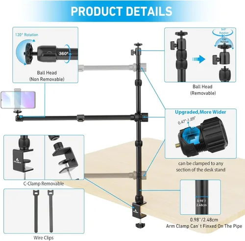 Miniatura 5 de Ailight Soporte de Montaje de Cámara Aérea para Escritorio, Soporte de Cámara Web de 15.75"-33.45" con Brazo Telescópico Ajustable de 2 Secciones