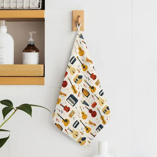 Miniatura 6 de Toallas de mano con estampado de instrumentos musicales retro para baño, cocina, bonitas toallas de cocina colgantes con lazo para colgar, toalla