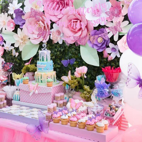 Miniatura 2 de Decoración de fiesta de baby shower con diseño de mariposa con purpurina rosa "A Little Butterfly Is On Her Way" para fiesta temática de mariposa