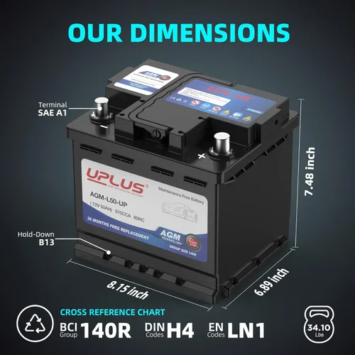 Miniatura 2 de UPLUS BCI Group 140R - Batería de coche, AGM-L50-UP sin mantenimiento, 12 V, 50 Ah, baterías AGM prémium H4 LN1, batería automotriz, 570CCA, 80RC