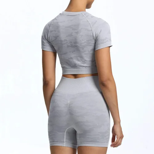 Miniatura 5 de Aoxjox Traje de yoga para mujer, sin costuras, 2 piezas, entrenamiento, gimnasio, adaptado, pantalones cortos de cintura alta con brasier deportivo