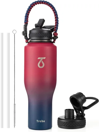 Miniatura 10 de Trebo Botella de agua de 40 onzas con aislamiento que cabe en portavasos de automóvil con asa, botellas de agua de acero inoxidable vaso con tapas