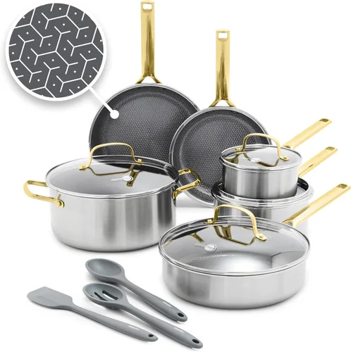 GreenPan Hybrid - Juego de utensilios de cocina antiadherentes de acero inoxidable de 13 piezas, APEX Tri-Ply Thermobond PFAS, ollas y sartenes de