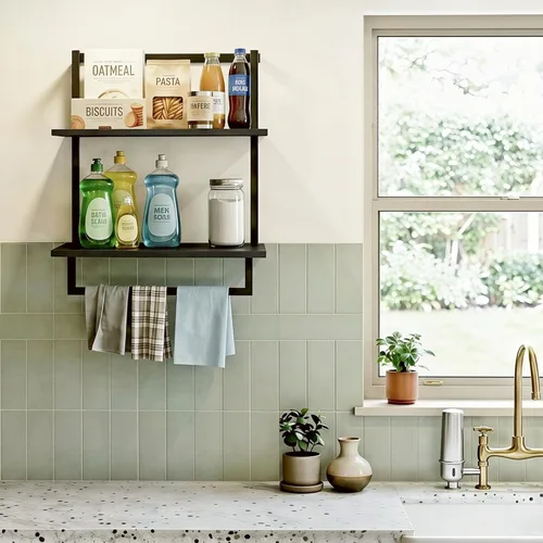 Miniatura 4 de Toallero montado en la pared para baño, soporte de almacenamiento de baño, estante de toalla de madera de acero de 3 niveles con barra, negro