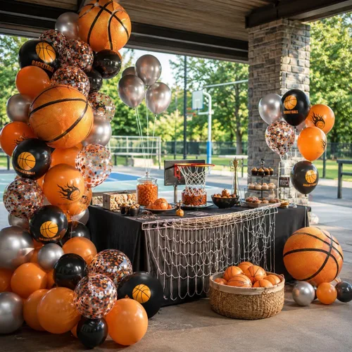 Miniatura 7 de Globos de Baloncesto, Globos de Confeti Naranja Negro Metálico Plateado con Globo de Papel de Aluminio de Baloncesto para Cumpleaños de Niño Fiesta