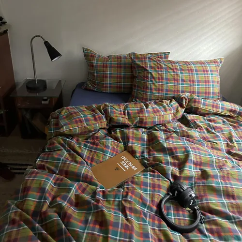 Miniatura 19 de MKXI Juego de funda de edredón a cuadros de tamaño individual, color verde bosque y amarillo mostaza, ropa de cama de 3 piezas de algodón lavado