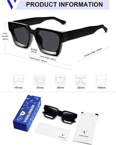 Miniatura 97 de VANLINKER Gafas de sol cuadradas gruesas para hombres y mujeres, retro, rectangulares, con protección UV400, VL9731
